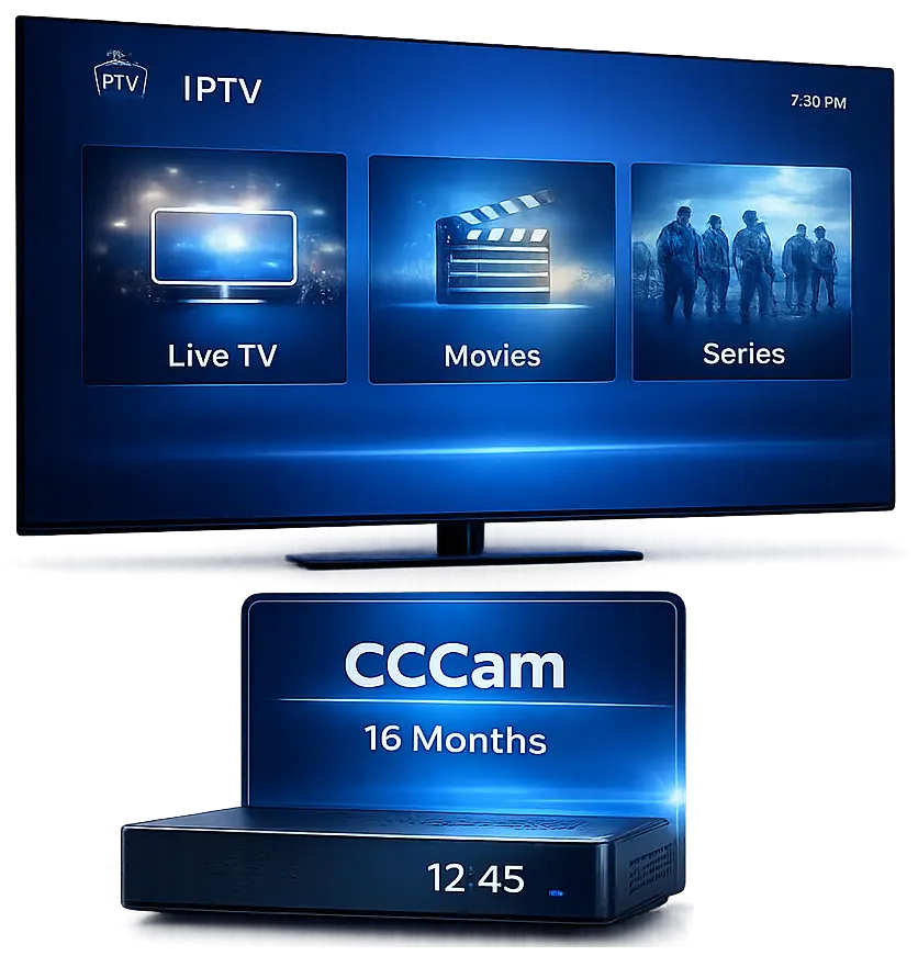 IPTV service dashboard and 16-month CCCam package on modern entertainment devices