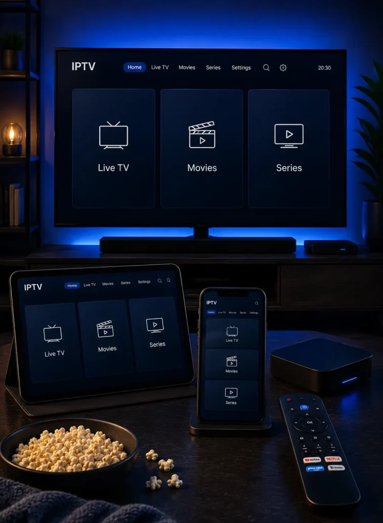 IPTV subscription interface showing Live TV, Movies and Series on a smart TV, tablet and smartphone.