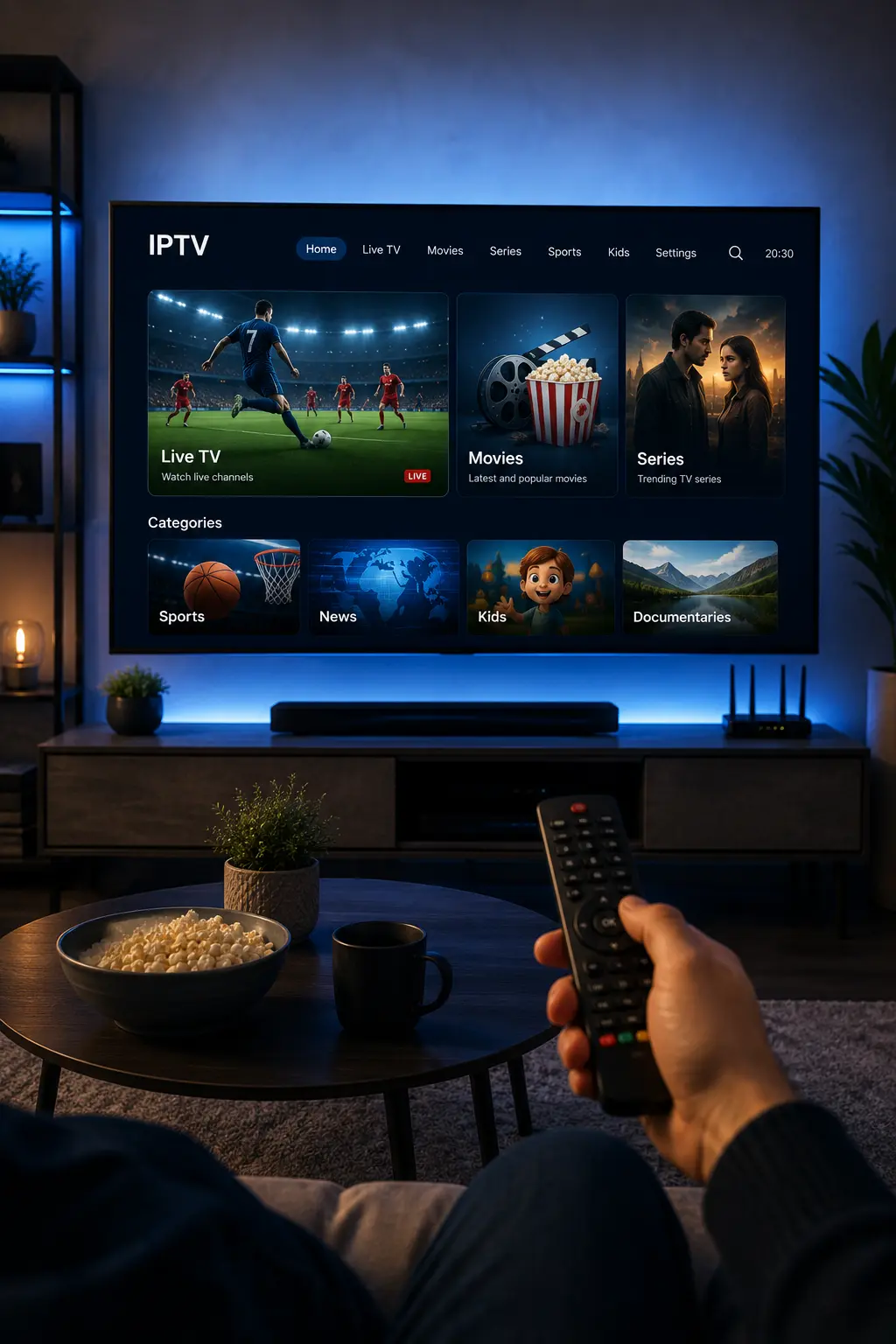 Modern living room with a premium IPTV subscription displayed on a smart TV while a user controls the streaming service with a remote.