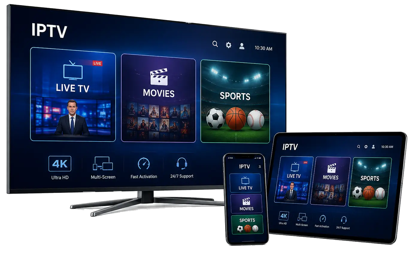 Premium IPTV subscription displayed across smart TV, tablet and smartphone