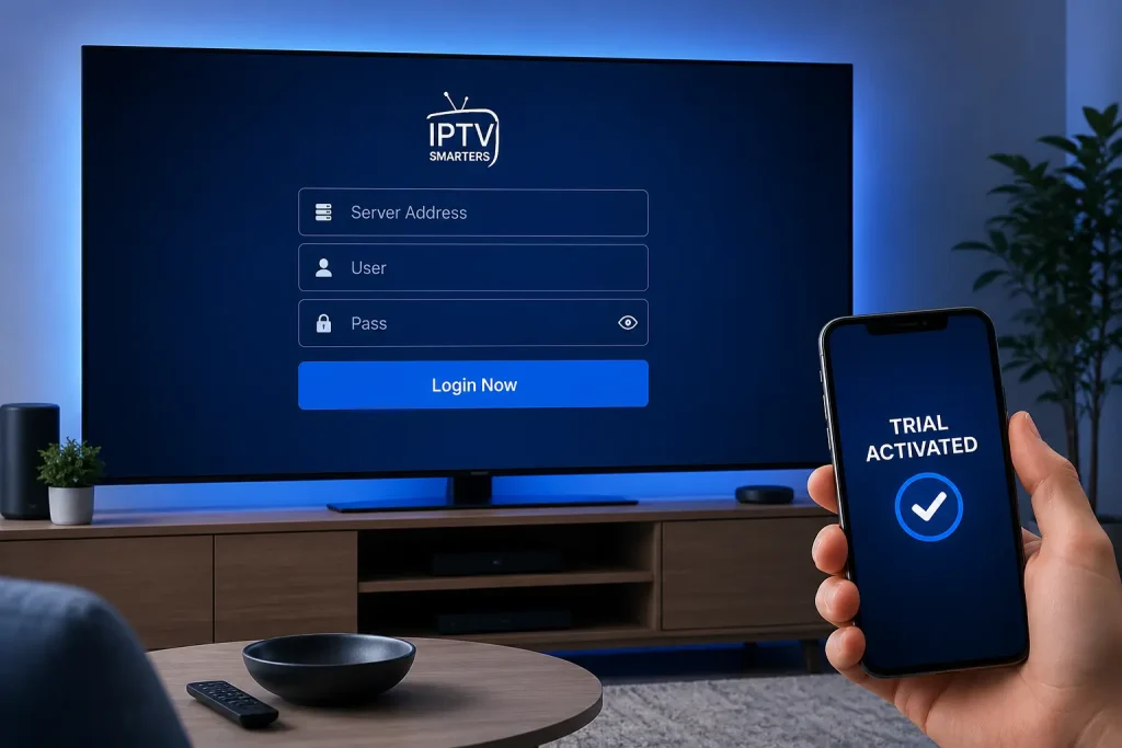 IPTV free trial activated on a smartphone beside a smart TV login screen