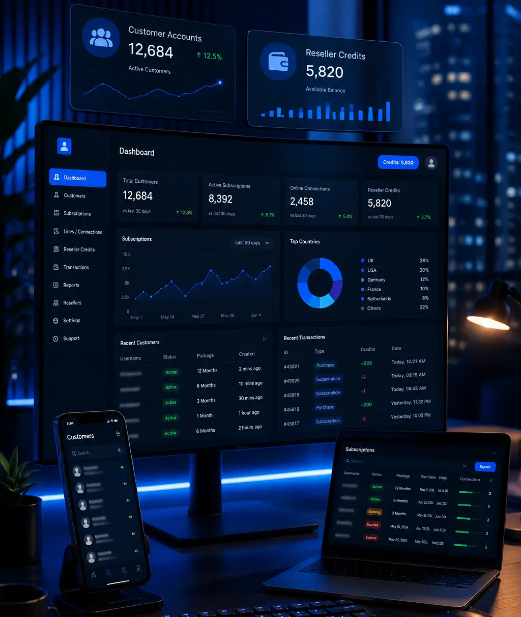 Professional IPTV reseller panel dashboard with customer management and reseller business tools