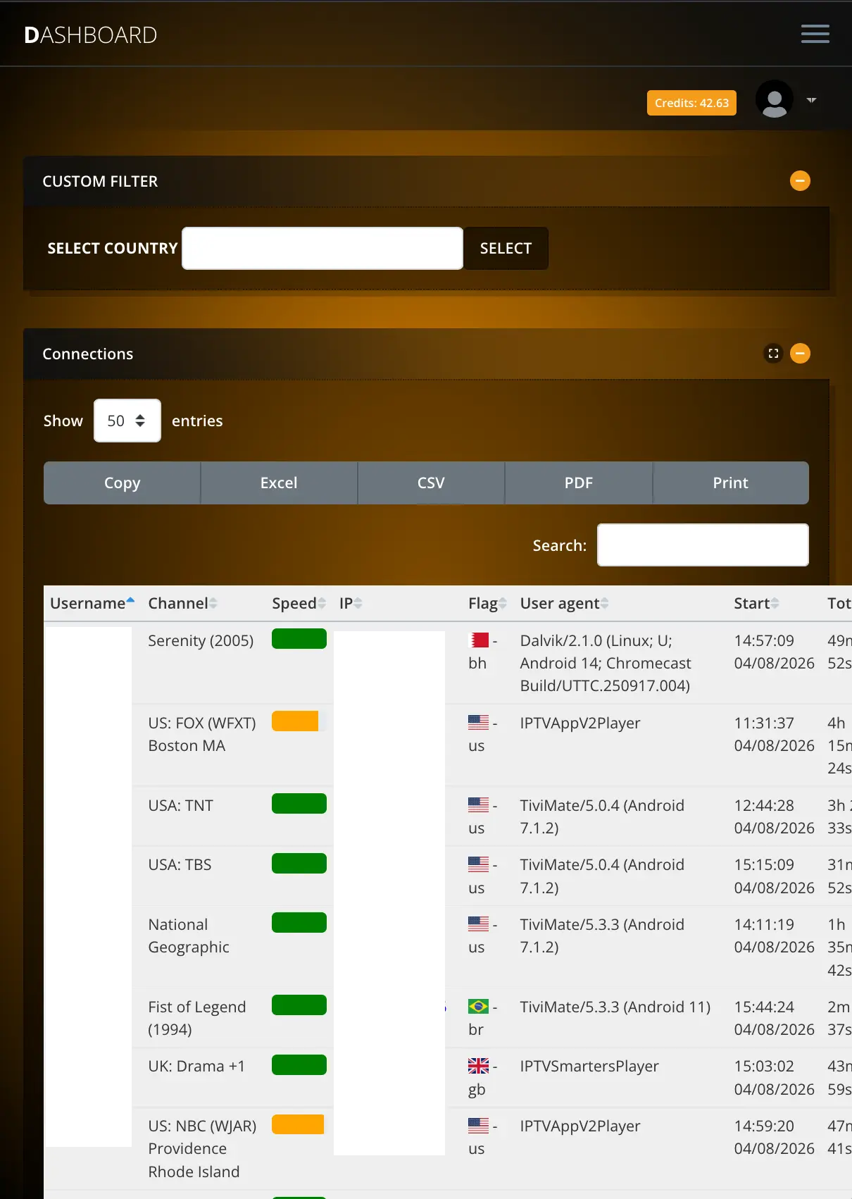 IPTV reseller panel connections management screen