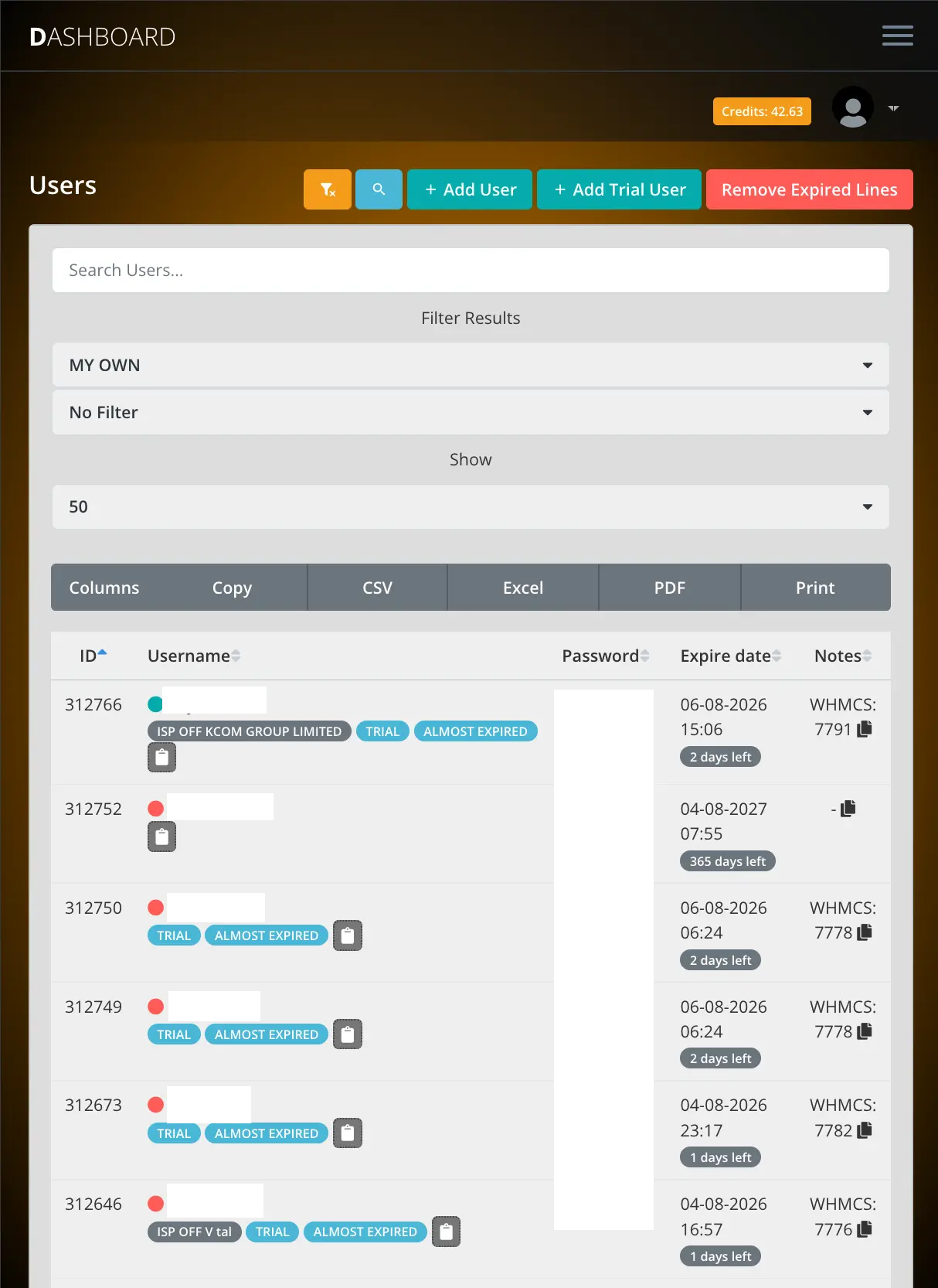 IPTV reseller panel customer account management screen